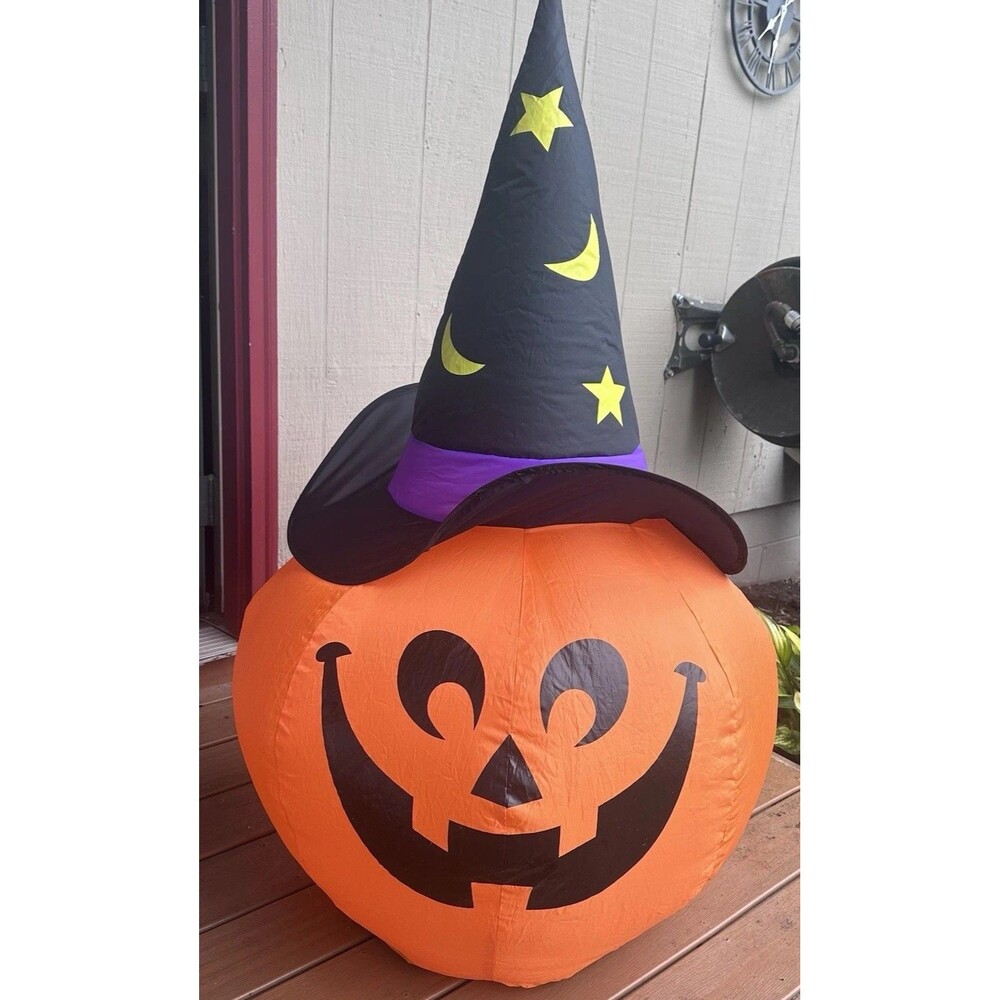 Gemmy 3 FT Halloween Airblown Inflatable Jack-O’-Lantern Pumpkin Witch Hat Yard
